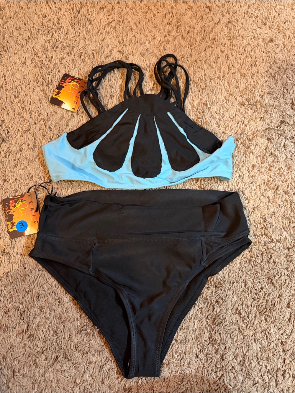 High-Neck Two-Piece Bikini Set in Light Blue and Black